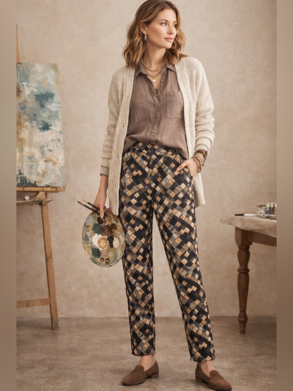 Soft Surroundings Women’s Pull-On Pant Sz S Geometric Print Stretch Boho Chic
